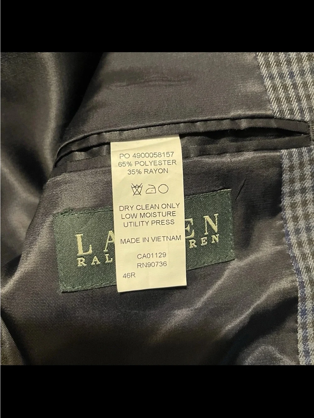 Lauren Ralph Lauren Men 46R Chesterfield velvet collar check sport coat blazer